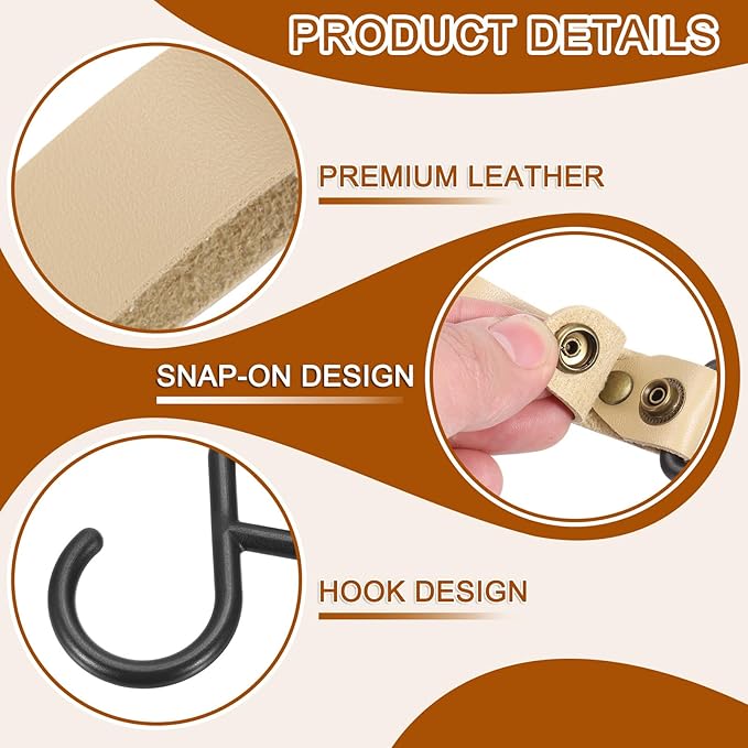uxcell 5pcs PU Leather Hooks, Leather Straps with Hooks, S-Shape Hooks for Outdoor Camping Hanging Pots Pans Utensils White