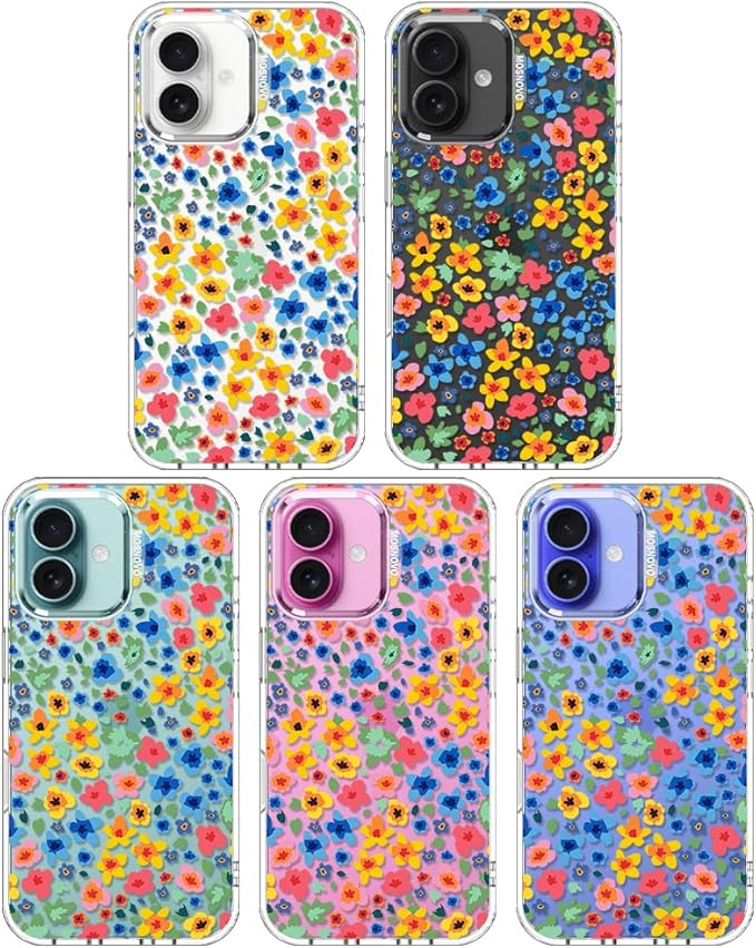MOSNOVO Case for iPhone 16, [Buffertech 6.6ft Military-Grade Drop Protection] [Anti Peel Off Tech] Clear TPU Bumper Phone Case Cover Design - Little Flowers