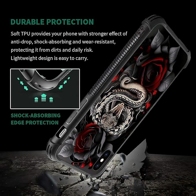 for iPhone Xs Max Case, Entwined Rose Snake Pattern Graphic Design Girl Boy Soft Silicone Hard Acrylic Shock Protection for iPhone Xs Max
