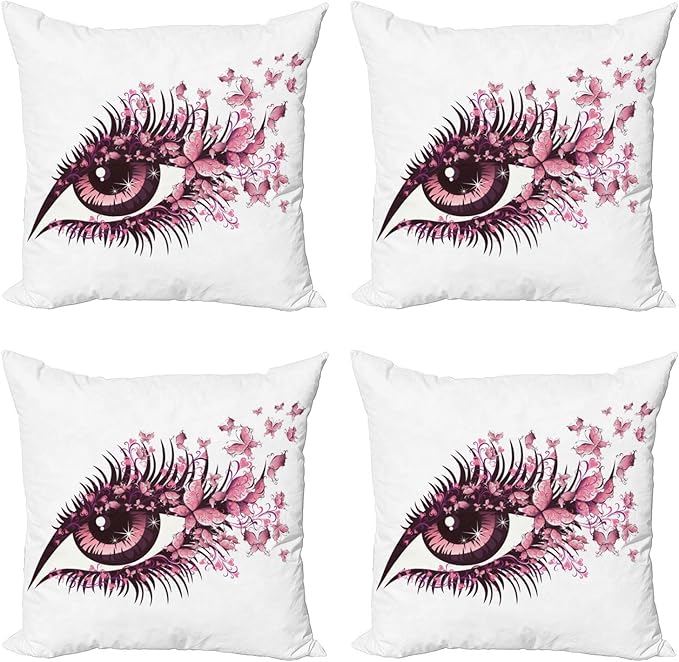 Ambesonne Butterflies Throw Pillow Cushion Case Pack of 4, Female Eye Eyelashes Mascara Stare Party Makeup Animal Print, Modern Accent Double-Sided Digital Printing, 18", Pink White