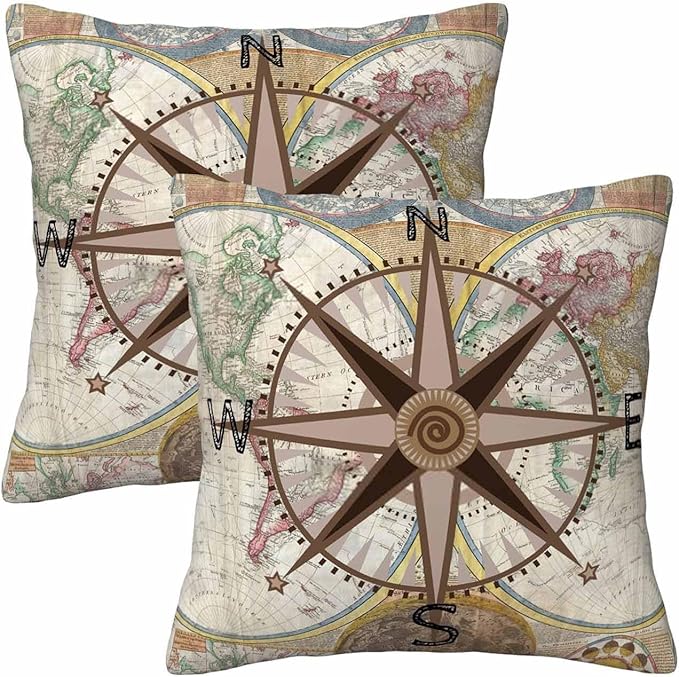 Nautical Compass Throw Pillow Covers 18x18 Historical World Map Earth Exploration Vintage Set of 2 Pillow Cases Square Velvet Outdoor Pillowcases Decorative for Home Bed Sofa Couch Hotel