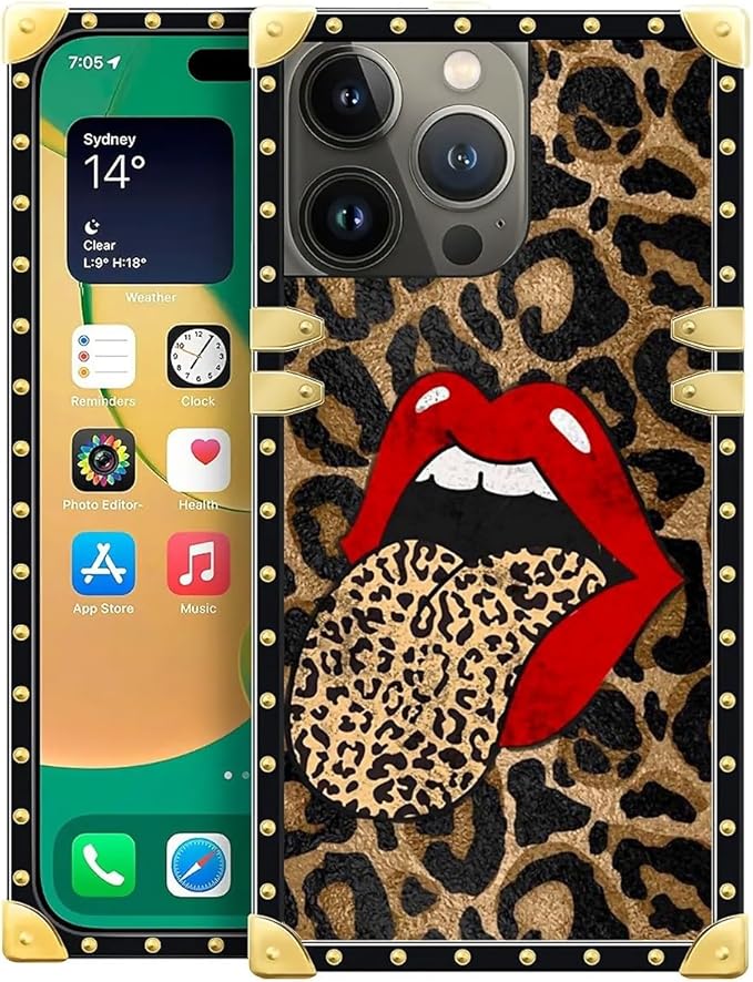 Compatible with iPhone 14 Pro Max Case, Brown Leopard Print Mouth Luxury Golden Decoration for Girl Women Soft TPU Shockproof Protective Hard PC Back for iPhone 14 Pro Max
