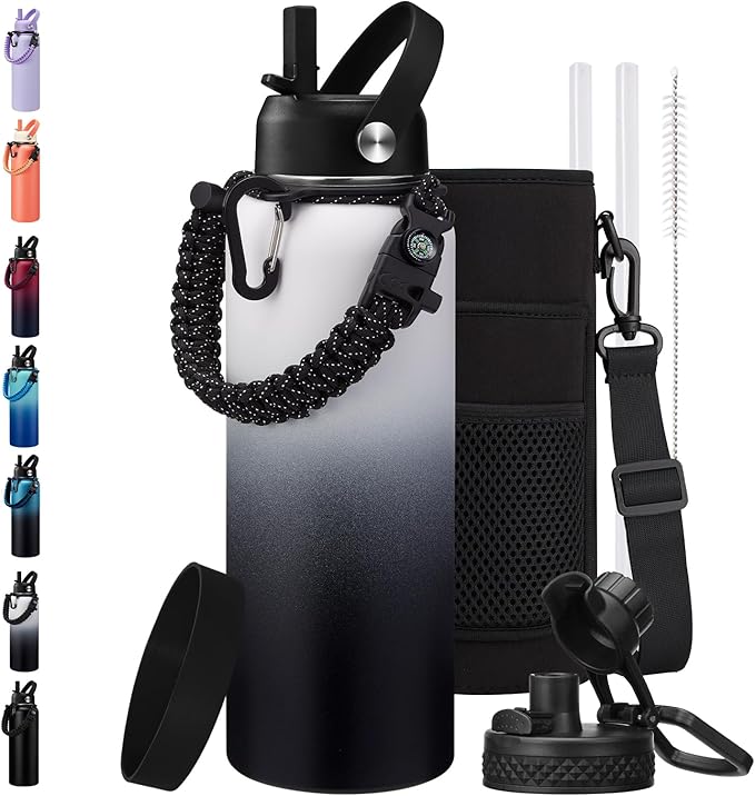 BENZZO 40 oz Water Bottle with Straw - Insulated Water Flask with Straw & Auto Spout Lid, Paracord Handle & Carrying Case, Keep Cold 48H Hot 24H Metal Water Hydro for Hiking Running