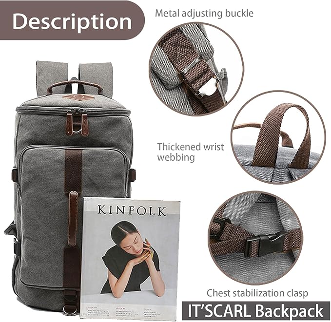 IT'SCARL Mens backpack, Large backpack for travel, Carry-on, canvas bag, 17 inch computer waterproof back pack(grey)