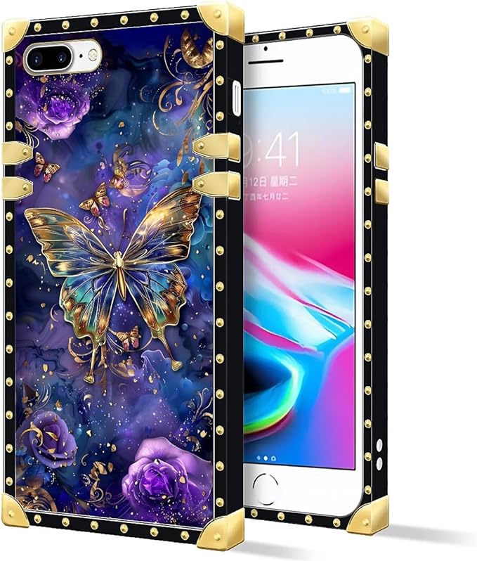Compatible with iPhone 8 Plus 7 Plus Case, Glistening Golden Butterfly Vibrant Purple Blue Luxury Golden Decoration for Girl Women Soft TPU Shockproof Protective Hard PC Back