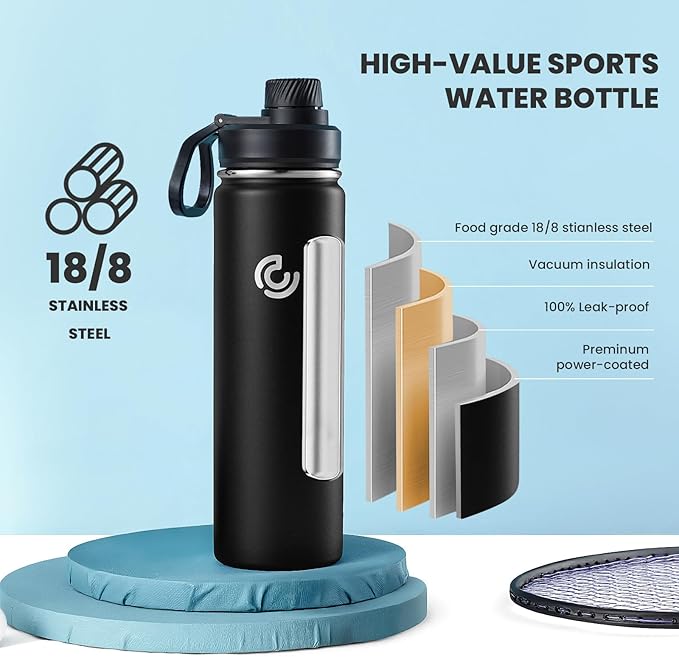 Sports Water Bottle 22oz, Insulated Water Bottle with Handle,Stainless Steel,Simple Modern,Suitable for Travel, School, Boy, Girl(Black)