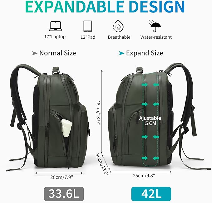 Expandable Business Backpack with 17" Laptop Compartment - Waterproof, Airline Approved, 33L-42L Capacity, for Work & Travel, Green