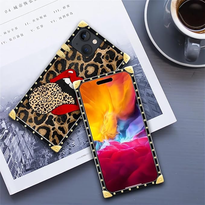 Compatible with iPhone 15 Case, Brown Leopard Print Mouth Luxury Golden Decoration for Girl Women Soft TPU Shockproof Protective Hard PC Back for iPhone 15