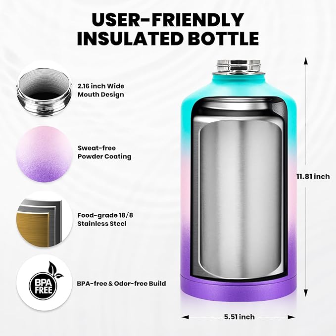 RAYMYLO One Gallon Water Bottle Insulated, Triple Walled Vacuum Stainless Steel (Cold for 48 Hrs), Leak Proof & Non-BPA, Large Water Flask Jug with Paracord Handle & Straw Spout Lids