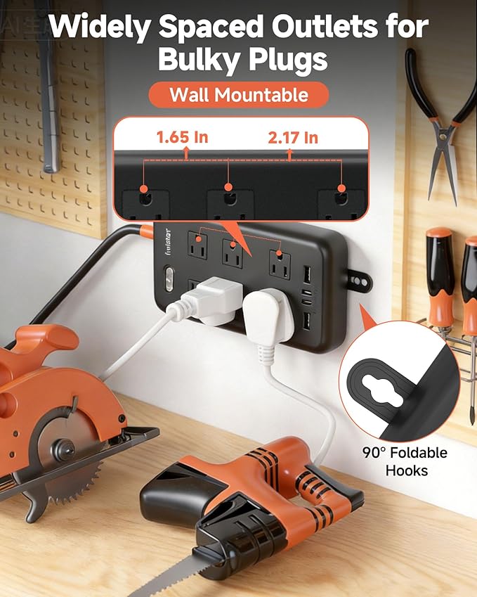 Outdoor Power Strip Waterproof IPX6, 1625W/13A, 6 Ft Extension Cord, 6 Wide Outlets & 4 USB Ports with Anti-Electric Shock, Wall Mountable for Yard, Workshop, Garage, RV