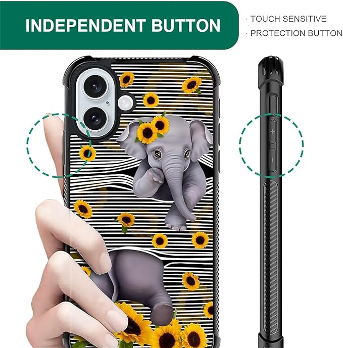 for iPhone 16 Case, Cute Little Elephant Sunflower White Line Art Pattern Graphic Design Girl Boy Soft Silicone Hard Acrylic Shock Protection for iPhone 16