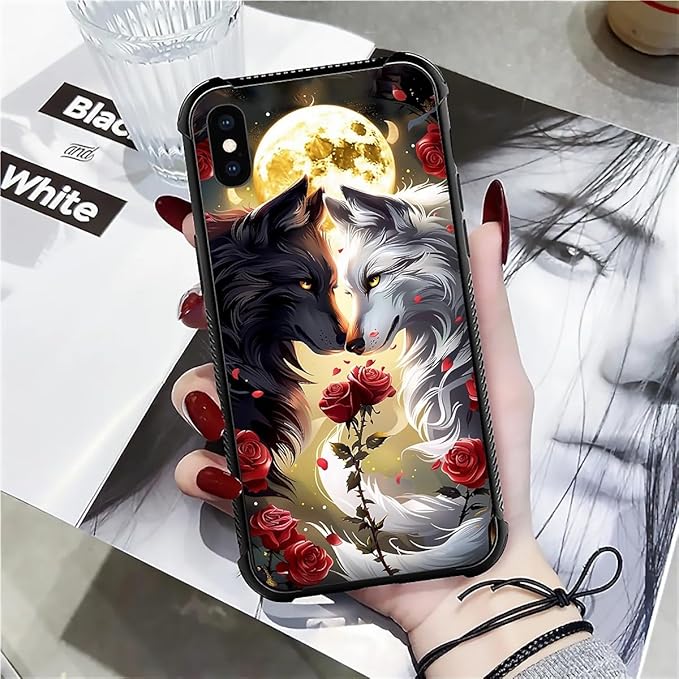 for iPhone Xs Max Case, Black White Wolf Moon Flower Rose Pattern Graphic Design Girl Boy Soft Silicone Hard Acrylic Shock Protection for iPhone Xs Max