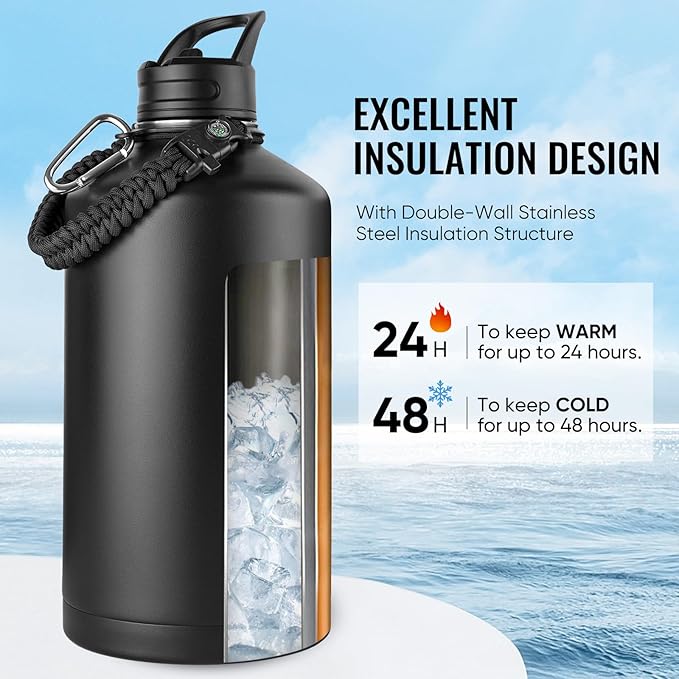 Fijinhom Gallon Water Bottle with 2 Lids (Straw & Spout), 304 Stainless Steel Water Jug with Handle and Wide Mouth, 1 Gallon Vacuum Double Walled Jug for Sports, Outdoors, Leak-Proof, Black 128 oz