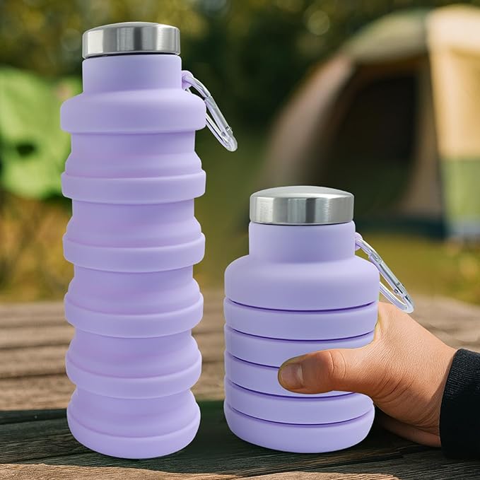 2 Pcs Silicone Collapsible Water Bottle, 17oz(500ml) Portable and Lightweight Travel Water Bottle Silicone Foldable Water Bottles(Black+Purple)