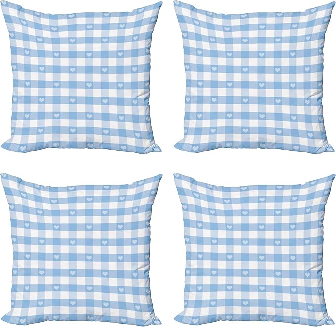 Ambesonne Checkered Decorative Throw Pillow Case Pack of 4, Gingham Motif with Little Hearts Pastel Blue Shower Theme, Cushion Cover for Couch Living Room Car, 24", Pale Blue White