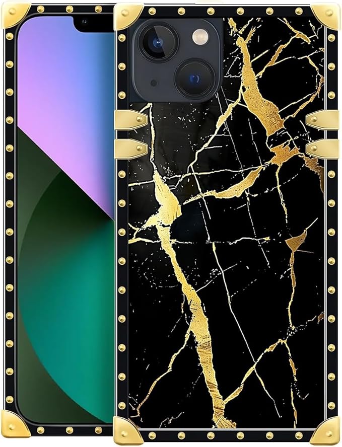 Compatible with iPhone 13 Case, Black Gold Marble Nature Luxury Golden Decoration for Girl Women Soft TPU Shockproof Protective Hard PC Back for iPhone 13