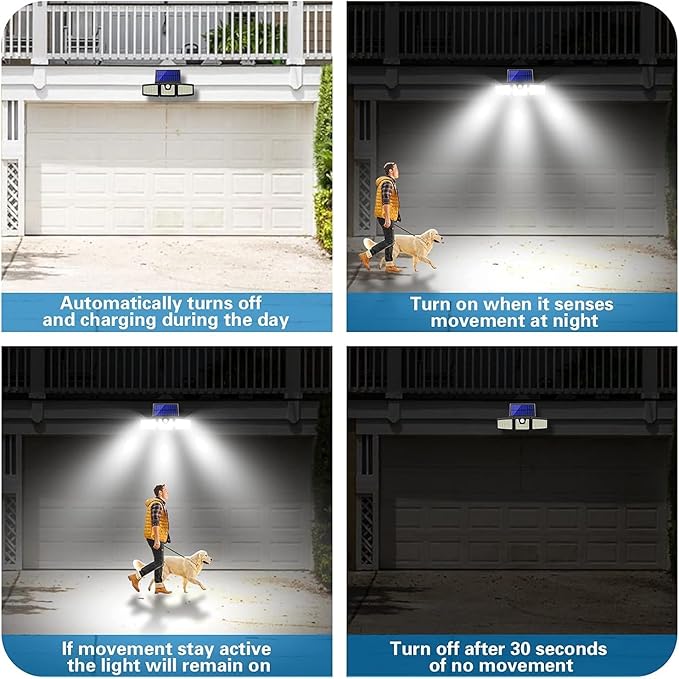 AmeriTop Solar Lights Outdoor, 2 Pack 128 High Brightness LED Cordless Solar Motion Sensor Lights; 3 Adjustable Heads, 270°Wide Angle Illumination, IP65 Waterproof, Security Flood Light