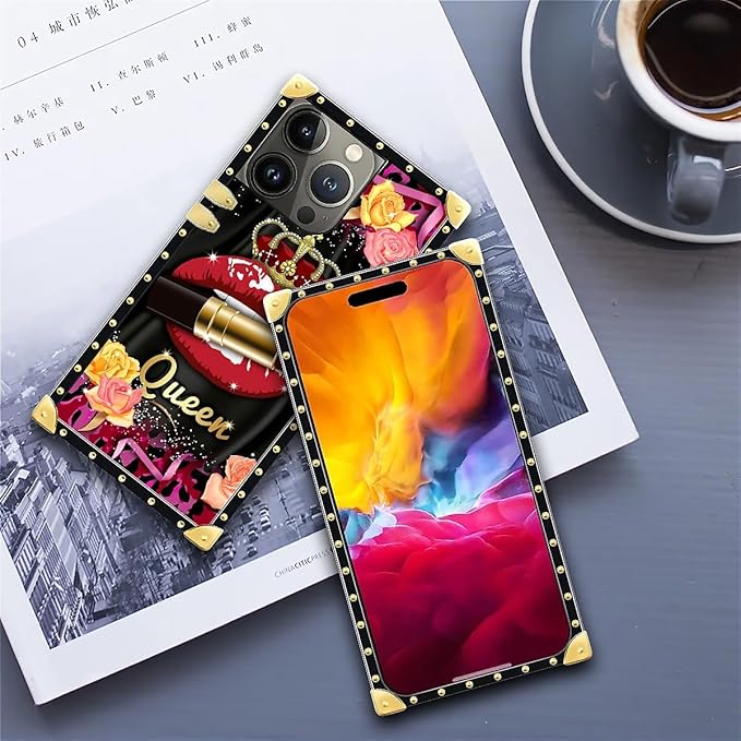 Compatible with iPhone 15 Pro Max Case, Queen Lip Crown Leopard Print Luxury Golden Decoration for Girl Women Soft TPU Shockproof Protective Hard PC Back for iPhone 15 Pro Max