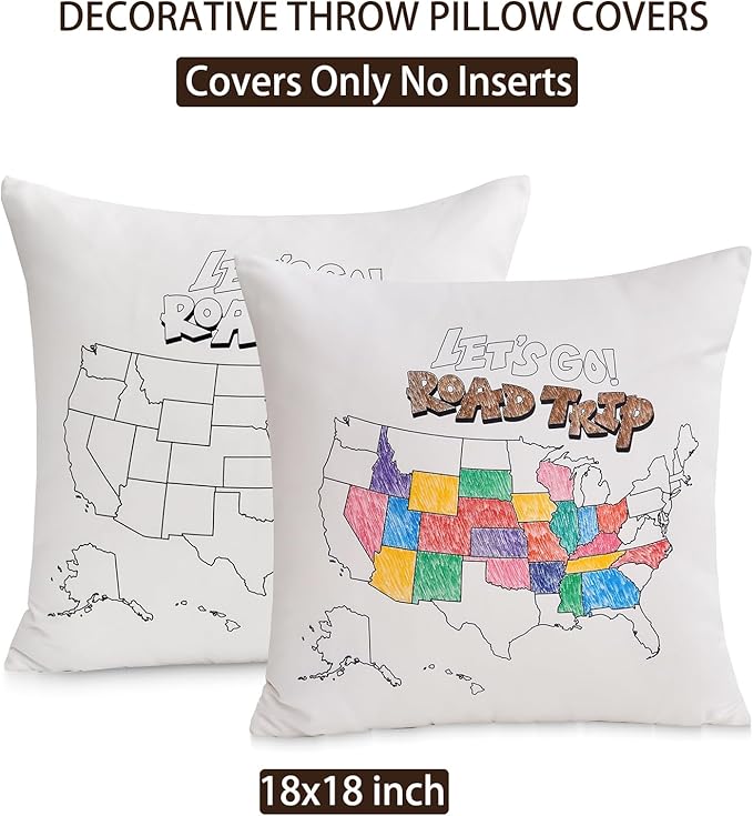 Let's go a Road Trip USA Map Coloring Pillowcase with 12 Fabric Markers, Set of 2, DIY Color 50 US States Visited Map Travel Tracker Pillow sham Cover case for Adventure RV Camper（18x18 inch）