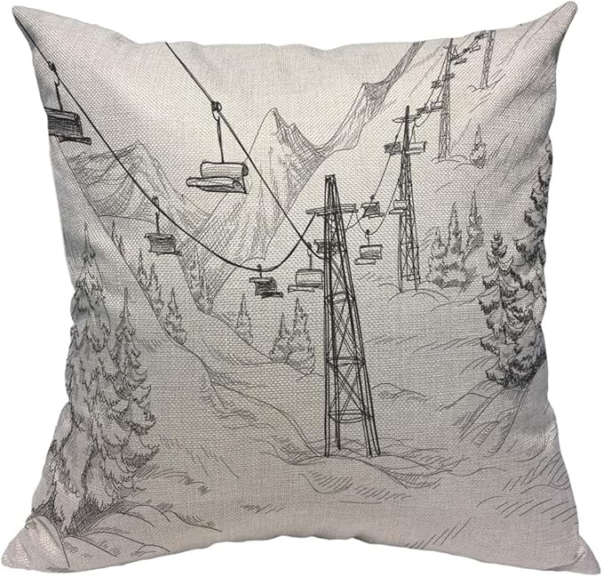 TKS MITLAN Mountain Ski Lift Pillow Cover 18x18 inch Sketch White Wintertime Snow Landscape Resort Rustic Linen Throw Pillow Covers 18x18 Inch for Sofa Couch Decoration