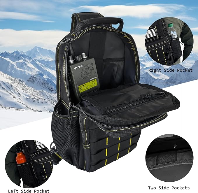 Rover Sling Pack Tactical Shoulder Sling Bag Backpack with Bottle Holder Crossbody Chest Bag, Black with Yellow