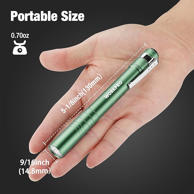 WORKPRO LED Pen Light, Aluminum Pen Flashlights, Pocket Flashlight with Clip for Inspection, Emergency, Everyday, 2AAA Batteries Include, Green(4-Pack)