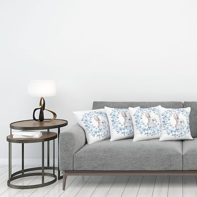 Ambesonne Watercolor Flower Decorative Throw Pillow Case Pack of 4, Bunny Rabbit Portrait in Floral Wreath Illustration Country Style, Cushion Cover for Couch Living Room Car, 16", Blue White