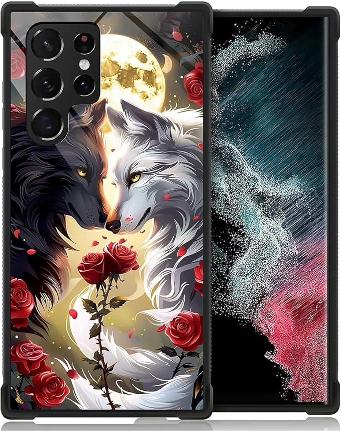 for Samsung Galaxy S22 Ultra Case, Black White Wolf Moon Flower Rose Pattern Graphic Design Girl Boy Soft Silicone Hard Acrylic Shock Protection for Samsung Galaxy S22 Ultra