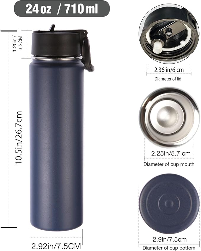 Volhoply 24 Ounce Insulated Water Bottle with Straw Lid,Stainless Steel Wide Mouth Sport Bottles with Handle,Double Wall Vacuum Cups Keep Cold,Reusable Travel Thermal Cups For Holder,Gym(Navy,1)