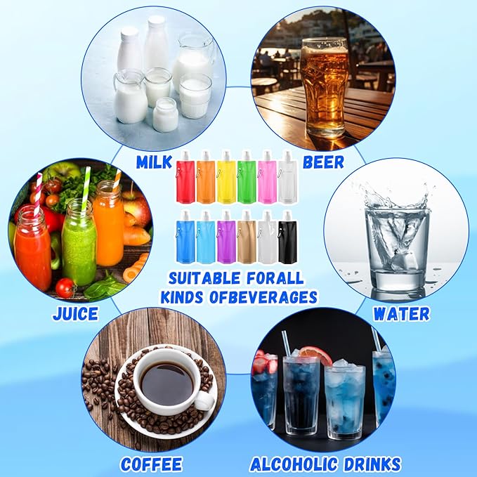 Teenyyou 24 Pack Collapsible Water Bottles Bulk 16oz Foldable Water Bottles with Carabiner Reusable Drinking Leak Proof Container Bags for Sport Biking Hiking Camping Travel Outdoor (12 Colors)