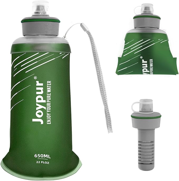 Water Filter Survival - Collapsible Water Bottle with Filter 0.01 Micron Squeeze Filtered Water Bottle 22oz for Hiking Backpacking Camping BPA-Free(Green 650ml)