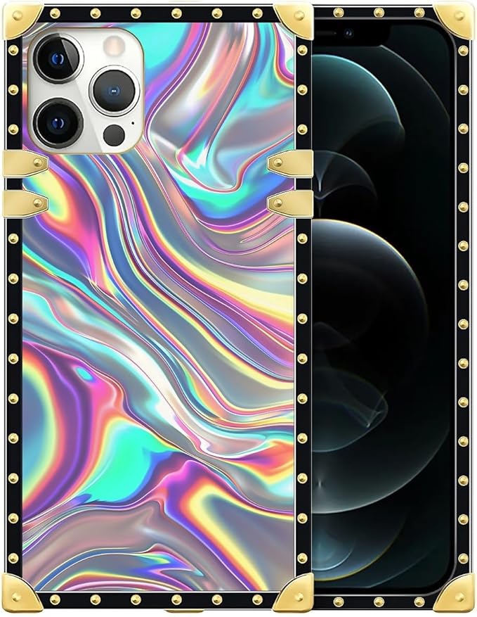 Compatible with iPhone 12 Pro Max Case, Holographic Abstract Iridescent Textures Luxury Golden Decoration for Girl Women Soft TPU Shockproof Protective Hard PC Back