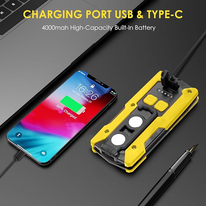 Rechargeable LED Work Light, OTYTY 40W 2000LM Magnetic Work Light Battery Powered Portable Flood Light with Gooseneck Flashlight for Car Repairing, Camping, Inspection