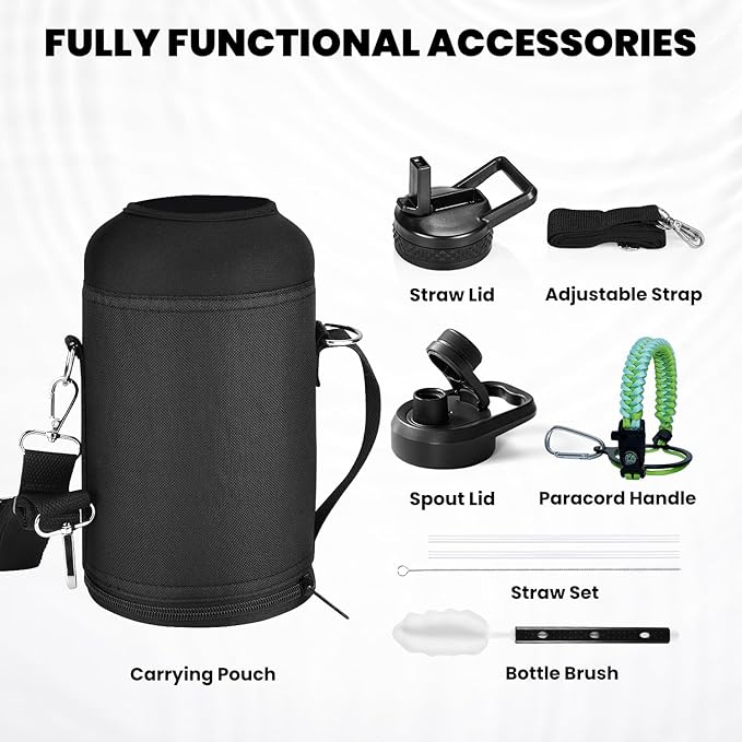 RAYMYLO Insulated Water Bottle 64 oz, Triple Wall Vacuum Stainless Steel (Cold for 48 Hrs), Leak Proof & Non-BPA, Half Gallon Water Flask Jug with Paracord Handle & Straw Spout Lids