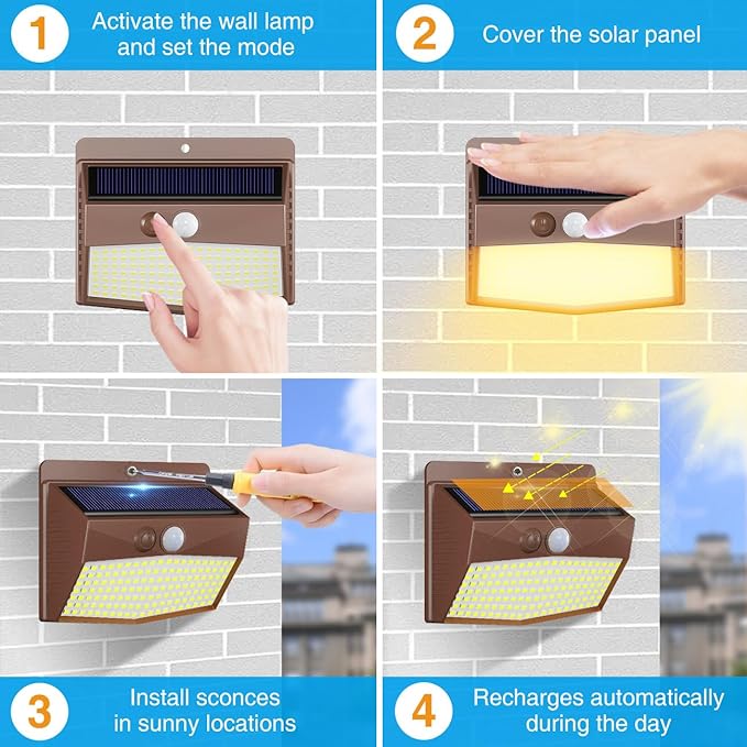 Peasur 12 Packs Solar Outdoor Lights Motion Sensor Solar Security Light Waterproof with 3 Lighting Modes Solar Powered Wall Lights Outside for Garden Fence Yard, Brown Warm