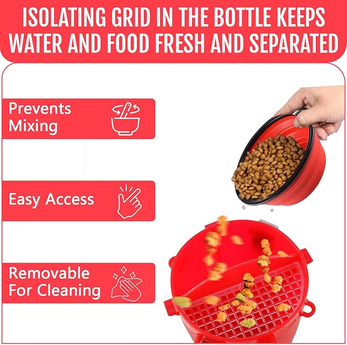 Dog Travel Water Bottle W/Collapsible Bowls - Portable 2 in 1 Leakproof Pet Water Bottle Food Container Ideal for Travel, Outdoor Portable Water Bowls for Walking, Camping & Hiking - (Red)