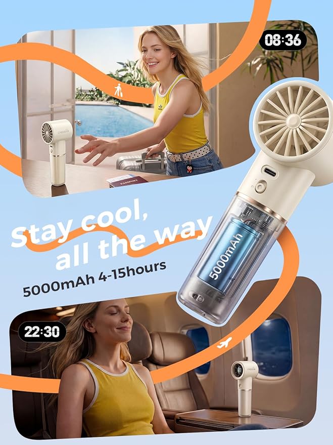 Handheld Portable Fan, 6-Speed Powerful Mini Personal Fan, Rechargeable 5000mAh Battery with Up to 15 Hours Runtime, Pocket Turbo Fan with Smart LED Display, Ideal for Travel, Camping, Makeup
