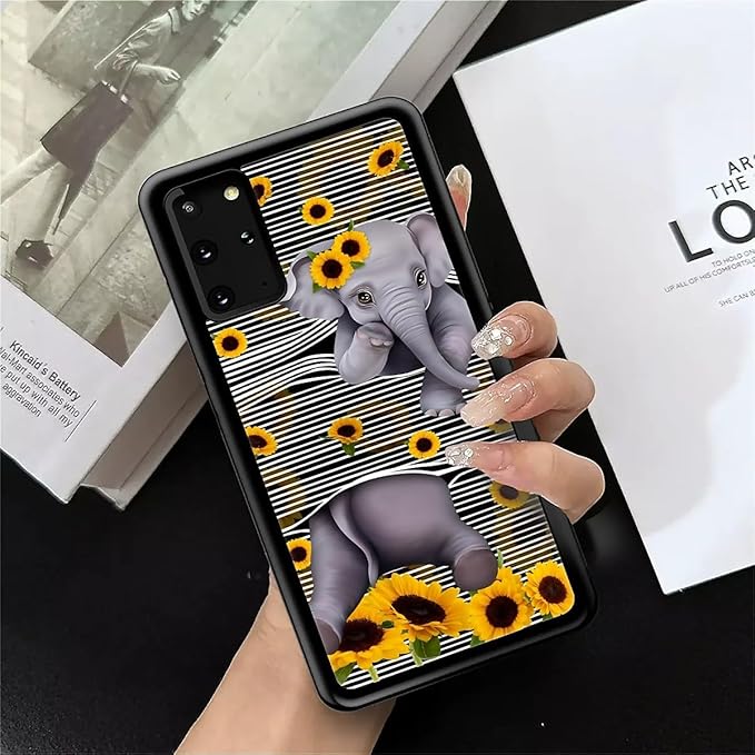 for Samsung Galaxy S20 Plus Case, Cute Little Elephant Sunflower White Line Art Pattern Graphic Design Soft Silicone Hard Acrylic Shock Protection for Samsung Galaxy S20 Plus