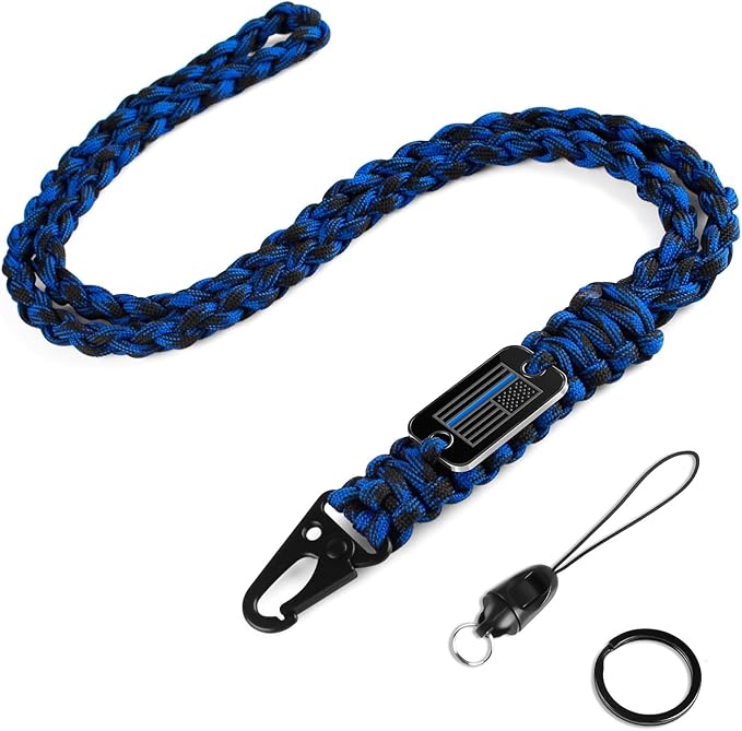 Thin Blue Line Paracord Keychain Neck Lanyard for Keys with Cool USA Flag Men Women, Long Heavy Duty Braided Keychain Lanyard for Wallets, Keys, Whistle，Camera, Phone, Outdoor Activities