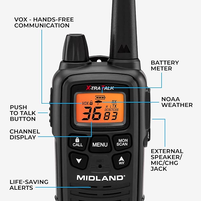 Midland - LXT600VP3, 36 Channel FRS Two-Way Radio - Up to 30 Mile Range Walkie Talkie, 121 Privacy Codes, NOAA Weather Scan + Alert (Pair Pack) (Black)