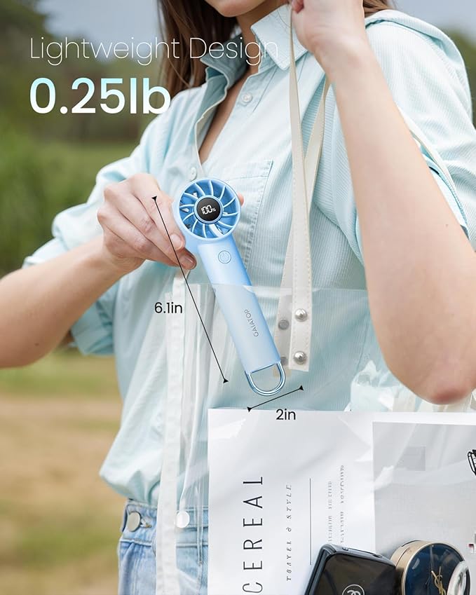 Gaiatop Portable Mini Fan, 3 Speed Handheld Fans with Power Display Flashlight, USB Rechargeable Battery, Lightweight Personal Cooling for Women Men Indoor Outdoor Travel Blue