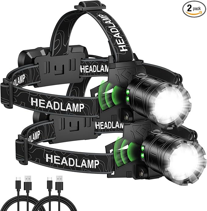 Kmivo Headlamp Rechargeable 99,000LM Super Bright, 2pack LED Head Lamp with 3 Modes, 90°Adjustable Head Lights for Forehead, IPX6 Waterproof HeadLamps for Camping Hiking (2)