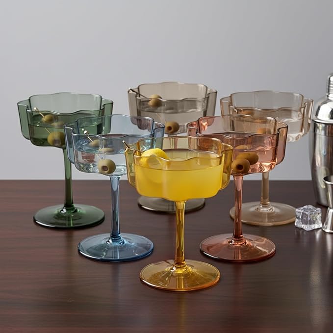 Khen Shatterproof Acrylic Flower Wavy Vintage Art Deco Martini, Champagne & Cocktail Muted Pastel Color Plastic Tritan Coupe Glasses | 6 Set | 8.5oz Glassware Classic Cocktail Indoor & Outdoor Set