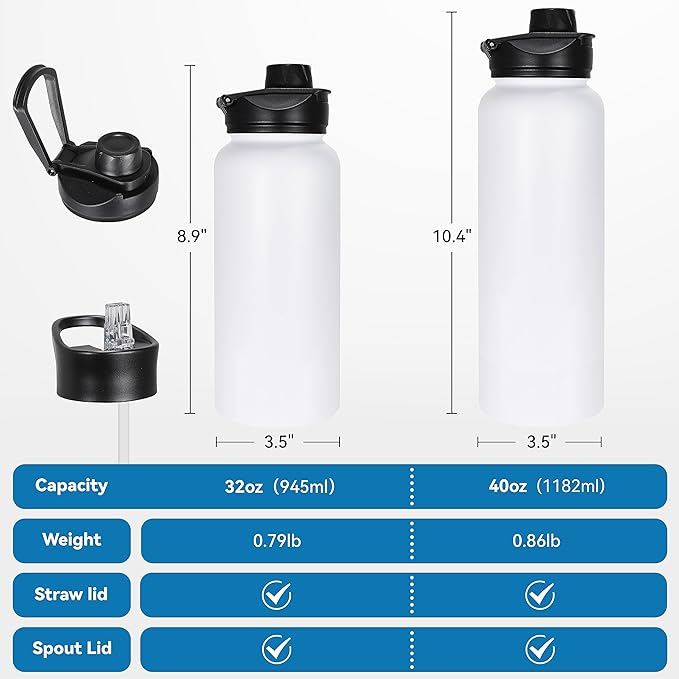 VEGOND 40 oz Insulated Water Bottle Stainless Steel Metal Water Bottles with Leak Proof Straw Lid & Spout Lid, Wide Mouth Double Walled Vacuum Travel Sports Bottle, White