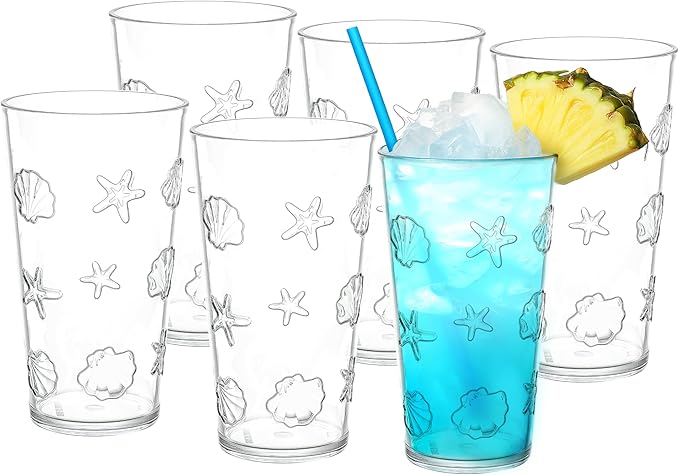 KLIFA- HAWAII series- 20.9 ounce, Set of 6, Sea World Acrylic Drinking Glasses, Shatter-proof Tumblers, BPA-Free, Stackable Plastic Drinkware, Dishwasher Safe Cups, Clear