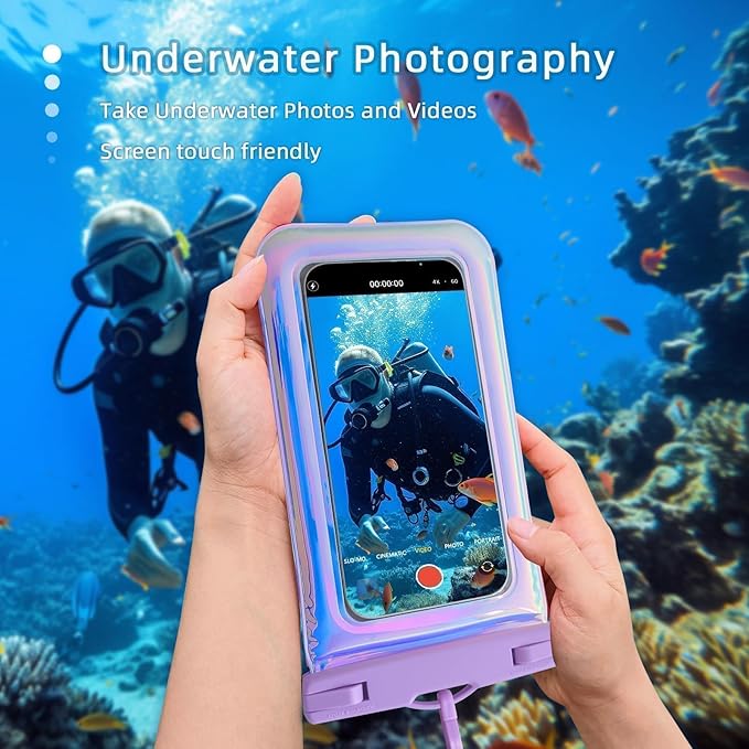 Floatable Waterproof Phone Pouch Case for iPhone 17 16 Pro Max/15/14/13/12, IP68 Travel Cellphone Dry Bag Beach Cruise Ship Essentials Bags with Crossbody Lanyard, Iridescent Purple - 7″