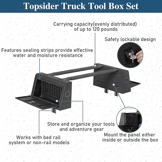 Hooke Road Topsider Truck Bed Tool Box for Jeep Gladiator JT, Toyota Tacoma, Tundra, Ford F-150, Ranger, Ram 1500, Silverado 1500, Colorado, Sierra 1500, Canyon - Heavy Duty Lockable Storage Box