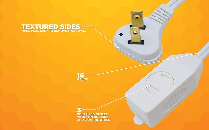 Woods SlimLine Extension Cord - 16/2 Indoor Flat Plug with Right Angled Design - 3 Grounded Outlets - Space Saving Profile - UL Listed - 13 Amp - 125 Volt - White - 13 Feet