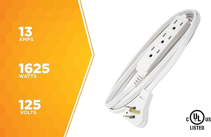 Woods Slimline Indoor Flat Extension Cord,8 Ft,16 Gauge Right Angle Plug,3 Polarized Outlets,125 Volts,White,2241,(Pack of 6)