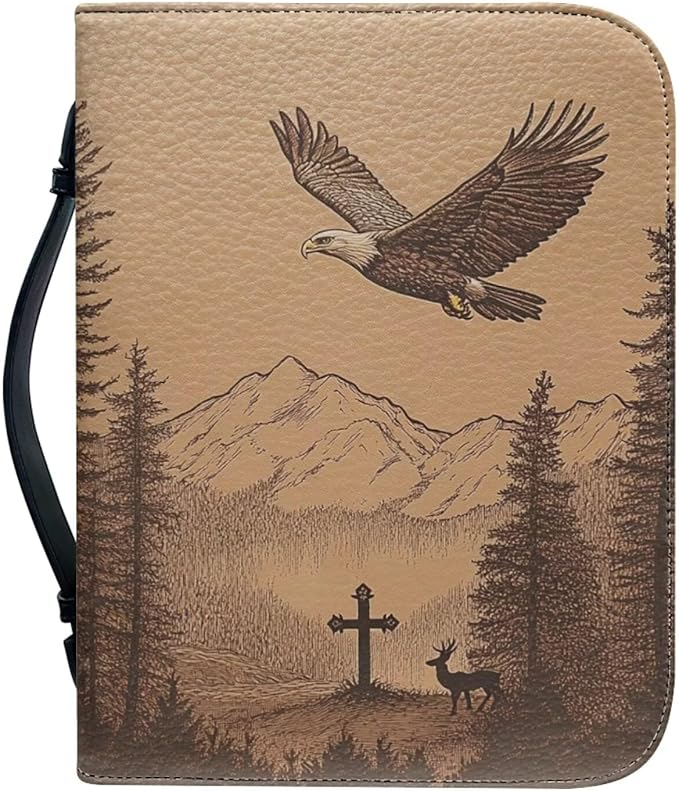 Bible Cover & PU Leather Bible Case - Bald Eagle Cross & Deer Design for Men & Boys Large (11.2"x8"x2.2") Great Gift for Christians Christmas Large Bible Cover Bible Case Size